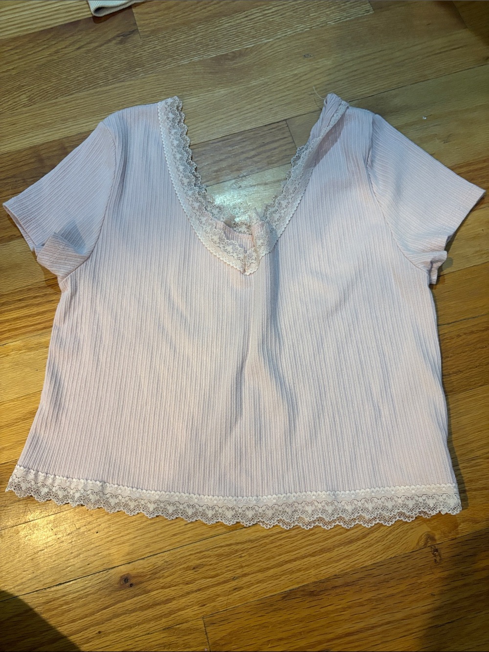 Aeropostale Light Pink Ribbed Lace-Trim V-Neck Top